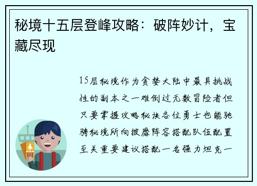 秘境十五层登峰攻略:破阵妙计,宝藏尽现